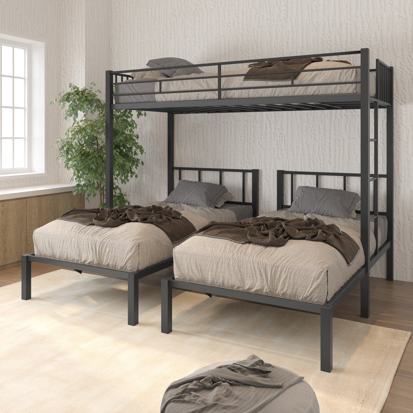 Twin Over Twin Over Twin Bunk Bed, BTMWAY Modern Metal Triple Bunk Beds, Convert into 3 Twin Beds, No Box Spring Needed, Black, R1213