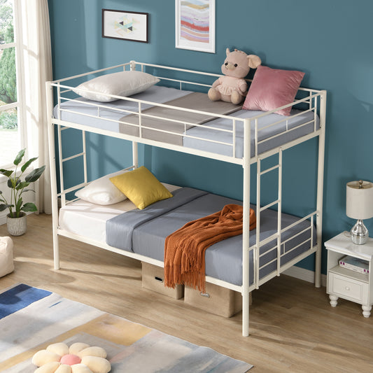 BTMWAY Metal Bunk Bed Twin Over Twin, Convertible Twin Over Twin Bunk Bed with 2 ladders for Kids Bedroom, Heavy Duty Twin Bunk Bed Frame for Bedroom, No Box Spring Needed, White