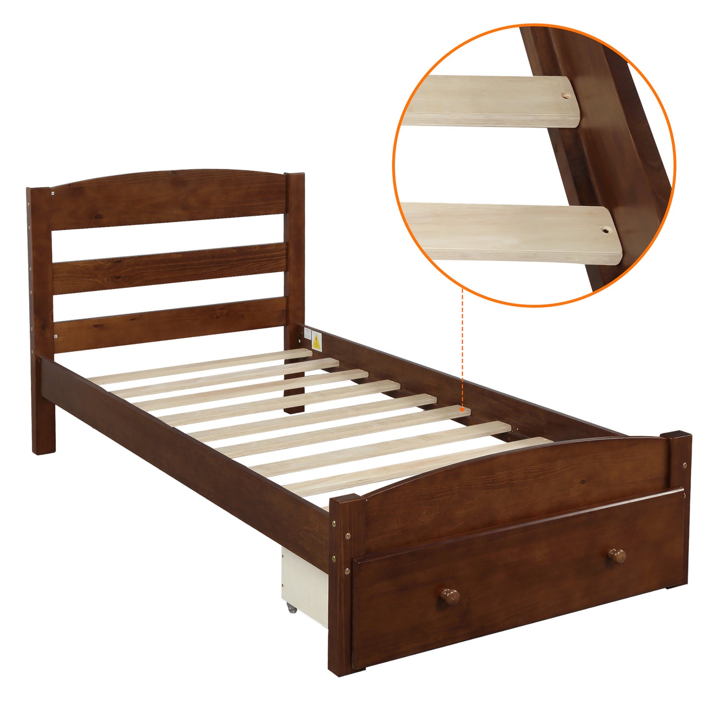 BTMWAY Twin Size Bed Frame, Single Platform Bed Frame for Kids Teens Adults, Wood Twin Bed Frame with Headboard and Storage Drawer, Modern Twin Platform Bed Frame No Box Spring Needed, Walnut, R5871