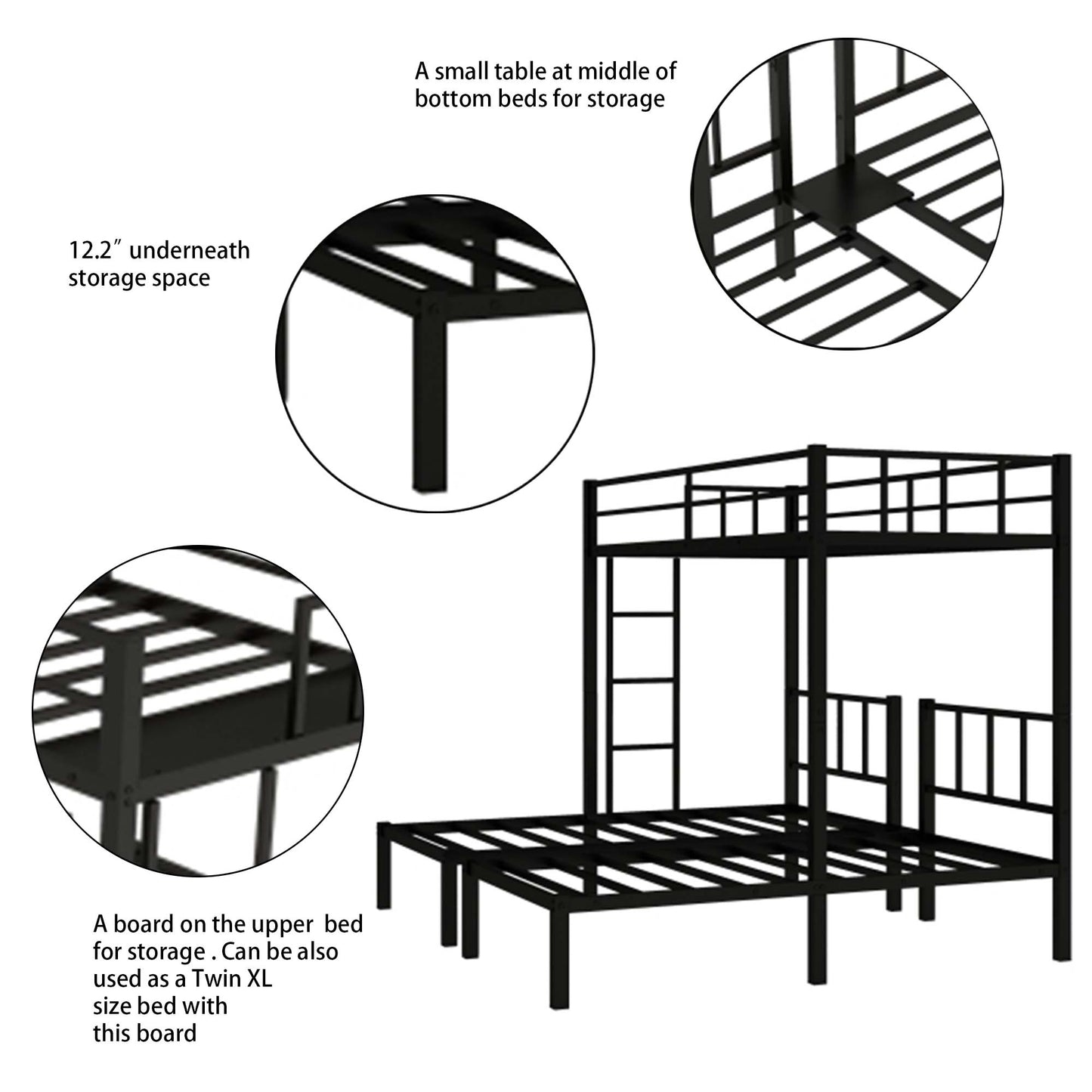 Metal Triple Bunk Beds, Twin Over Twin Over  Bunk Bed for Kids Teens Adults, Can be Separated into 3 Twin Beds with Headboard, Black, R1211