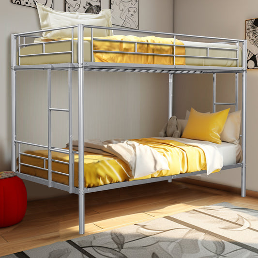 Twin Over Twin Bunk Beds for Kids Teens Adults, PENTIUM Heavy Duty Twin Over Twin Metal Bunk Bed, Twin Bunk Bed with Guardrails, 2 Side Ladders, Modern Twin Bunk Bed Frame for Bedroom, Silver